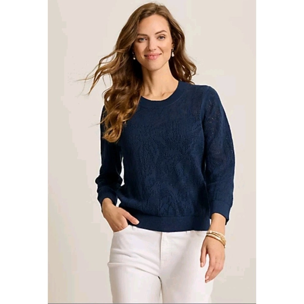 Women's Tommy Bahama Breezy Palm Navy Blue Open Knit Boho Pullover Sweater Sz M